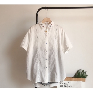 (5件)織紋鉤花包釦棉麻襯衫