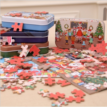 （2盒)兒童聖誕鐵盒60片木質拼圖