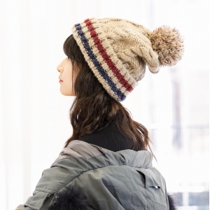 (3入)條紋麻花針織毛球帽